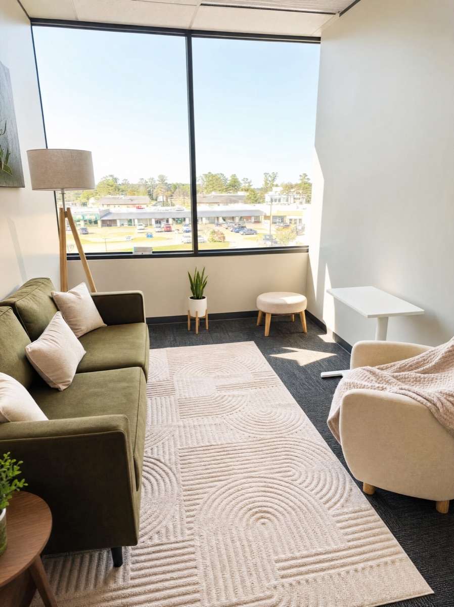 The Poplar Belief Therapy office: a green sofa, a plant and a bright window